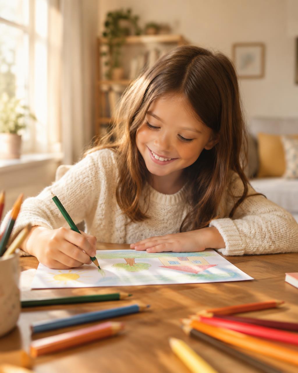 A smiling child drawing at a wooden table in warm, natural light